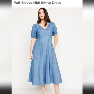Puff Sleeve Defined Waist Midi Dress